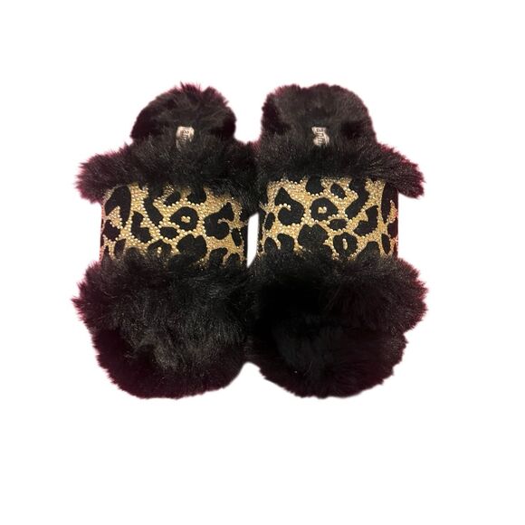 Gianni Bini Womens Leopard Print Wool Fur Embellished Slippers Black Size 6 NWOT - Picture 1 of 5